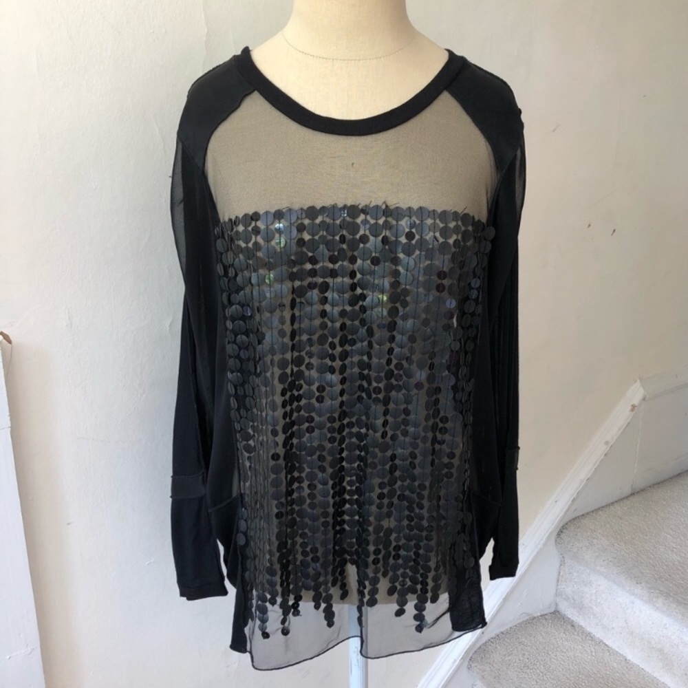 Anthropologie Burning Torch Black Apollo Sheer Leather Disc Mixed Media Top Sz S